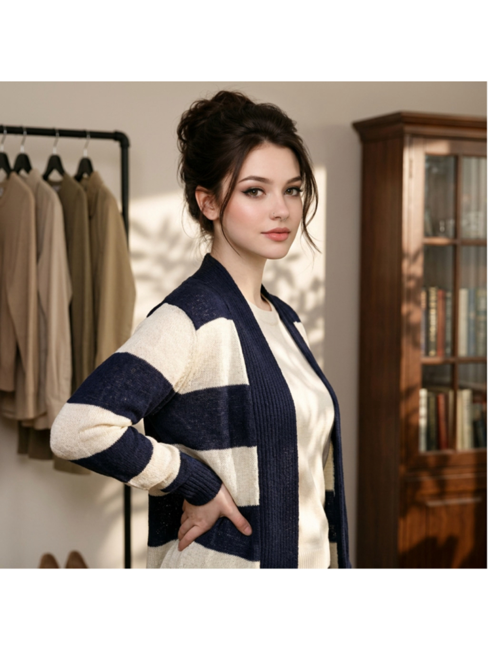 Striped Fisherman Open Front Cardigan Sweater Navy Blue White XL Lightweight